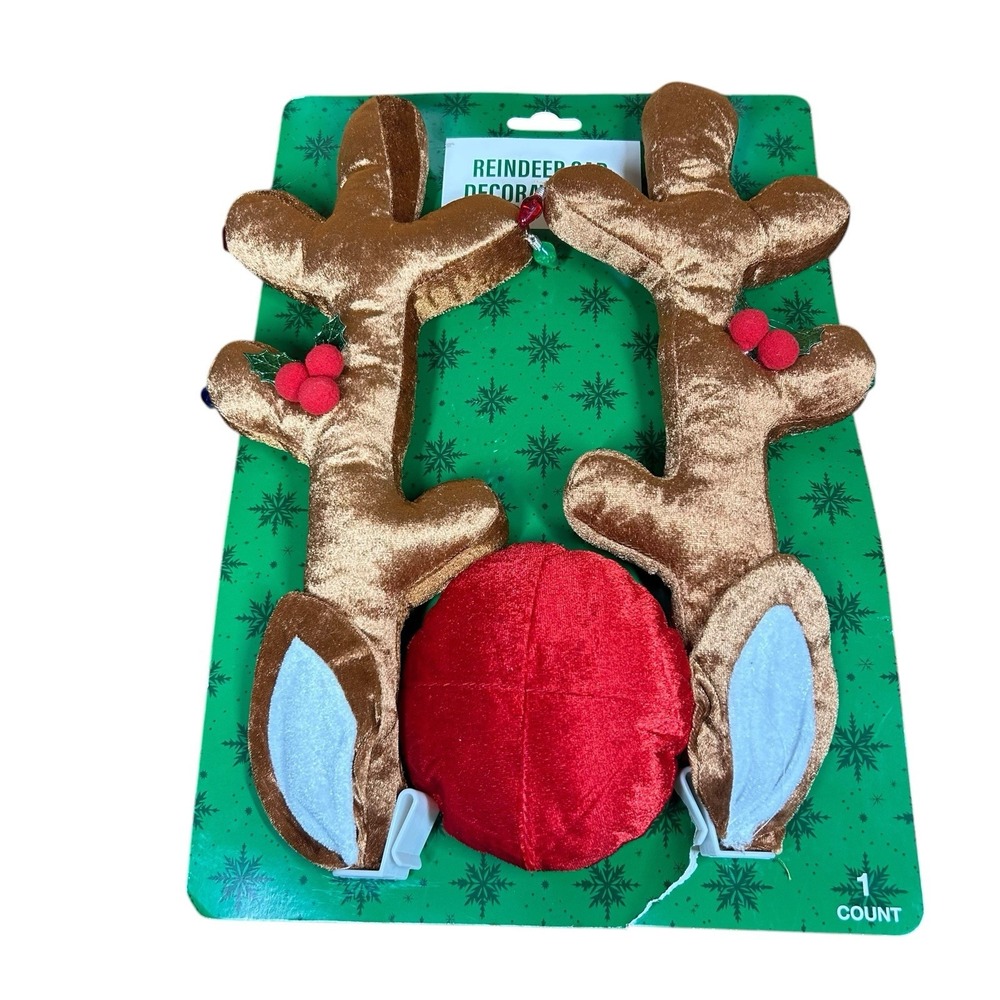 Reindeer Antlers & Nose Car Decoration Kit Plush Rudolf Auto Car Christmas Decor
